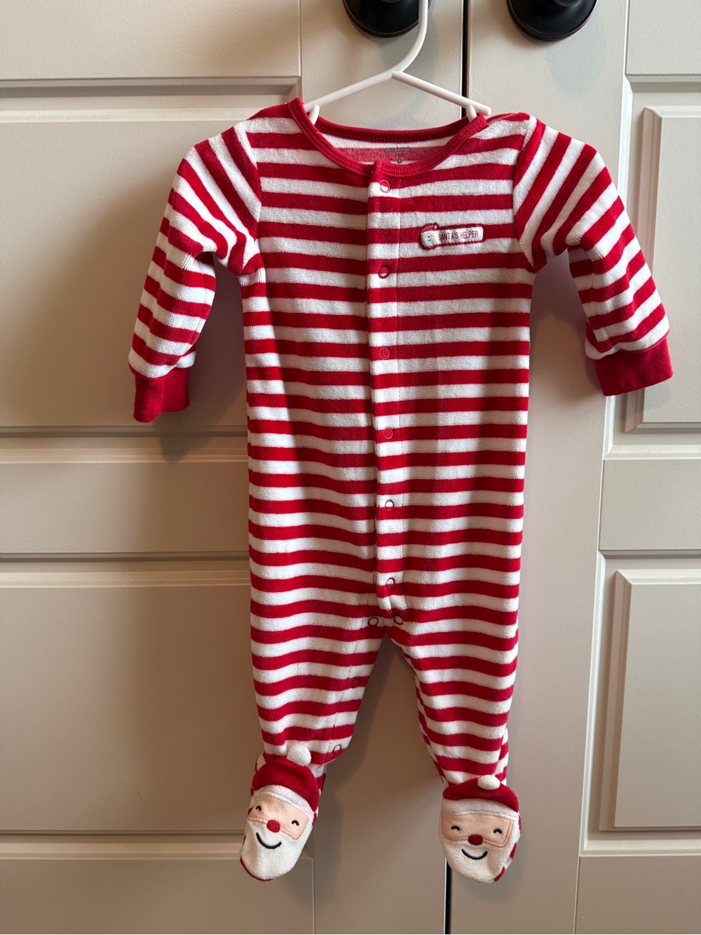 Carter's “Santa’s Helper” Red and White Striped Footed One-Piece